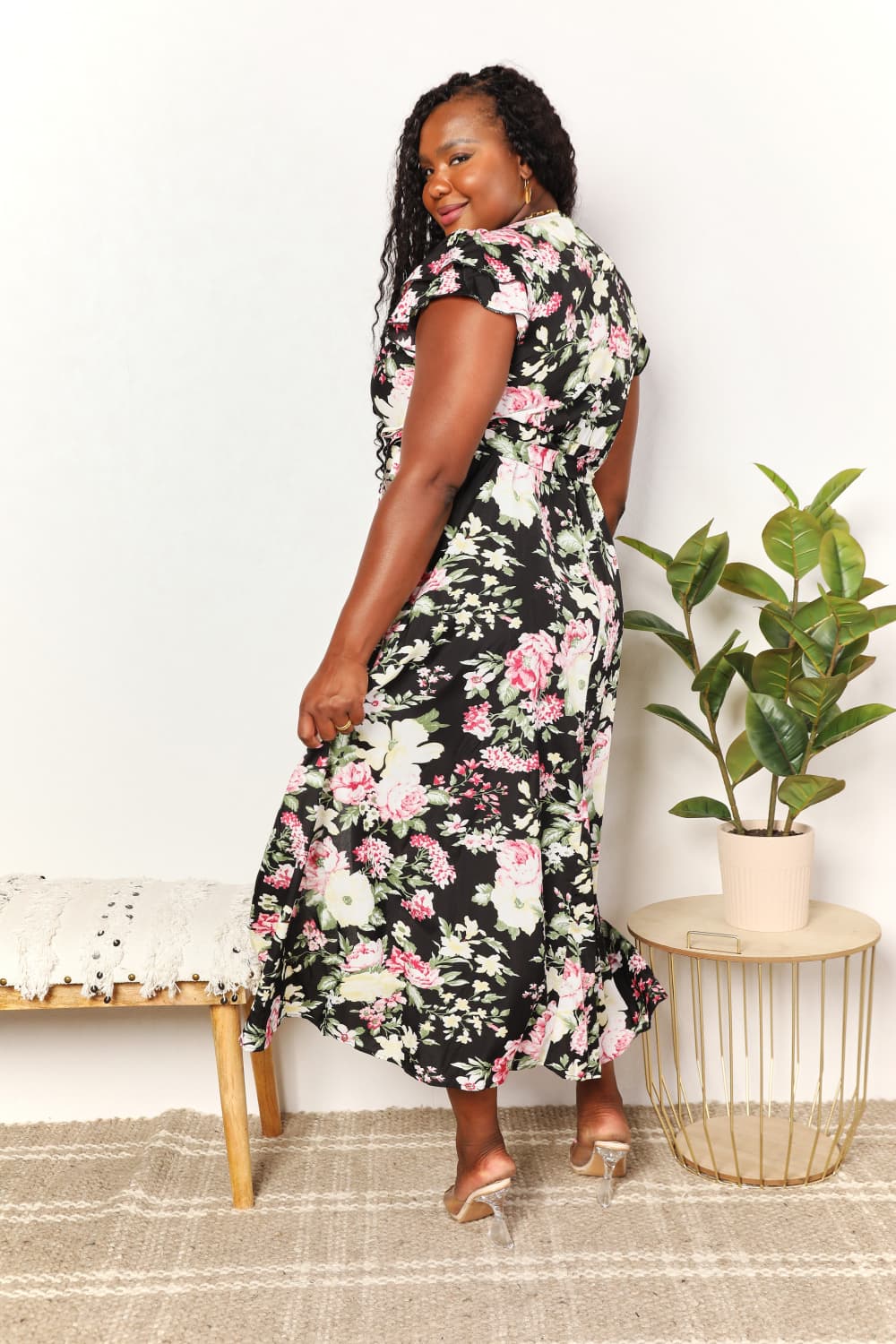 Floral Flutter Sleeve Tie-Waist Split Dress - PLUS DRESSES - Black