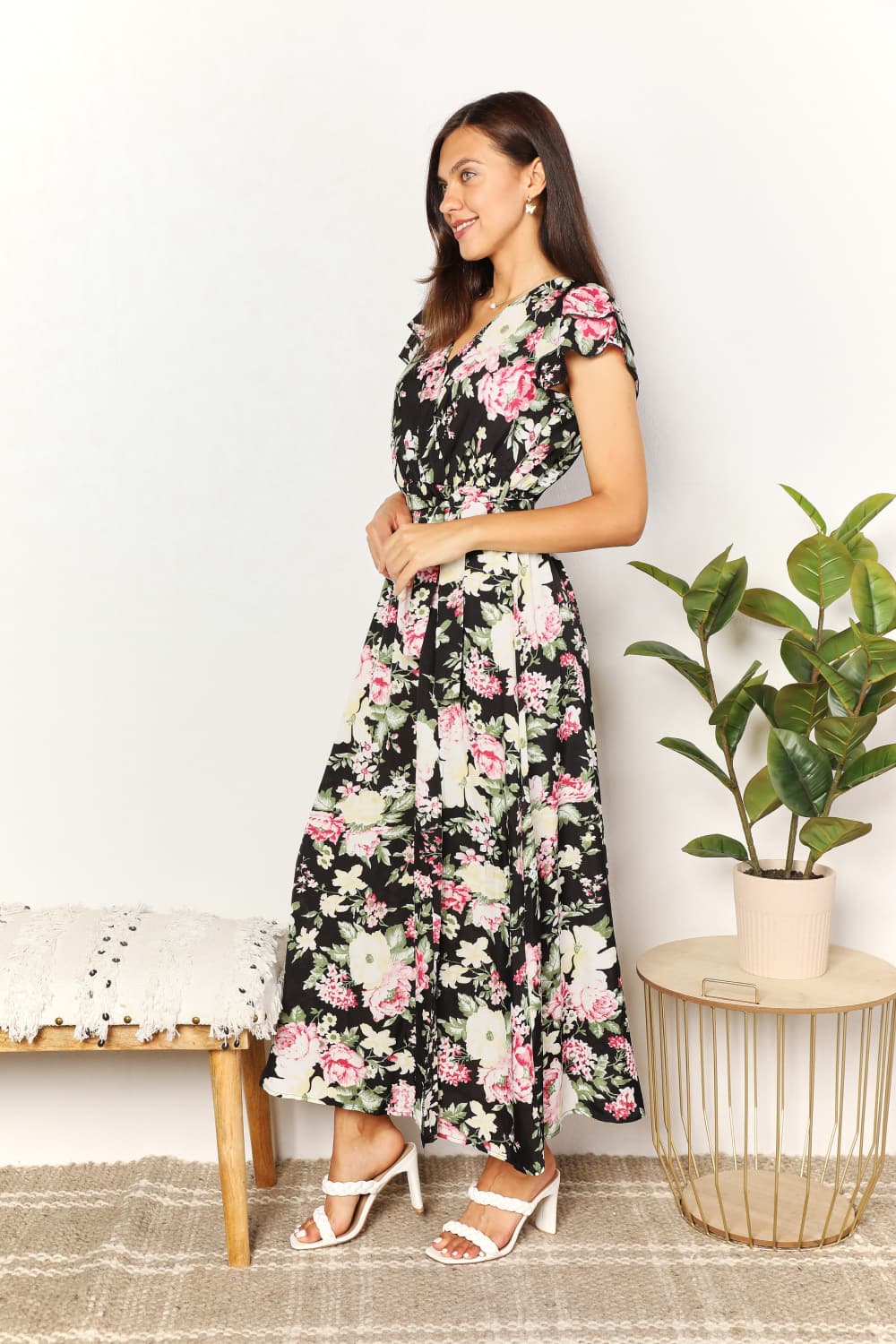 Floral Flutter Sleeve Tie-Waist Split Dress - PLUS DRESSES - Black