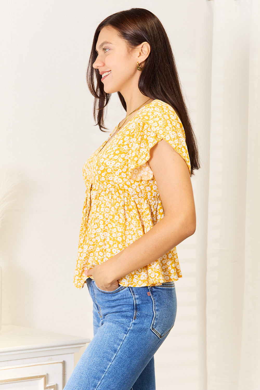 Floral Petal Sleeve Babydoll Top - TOPS - Gold