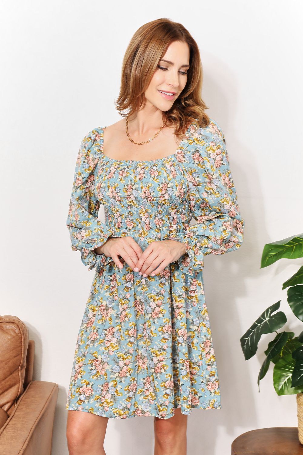 Floral Smocked Flounce Sleeve Square Neck Dress - DRESSES - Floral print