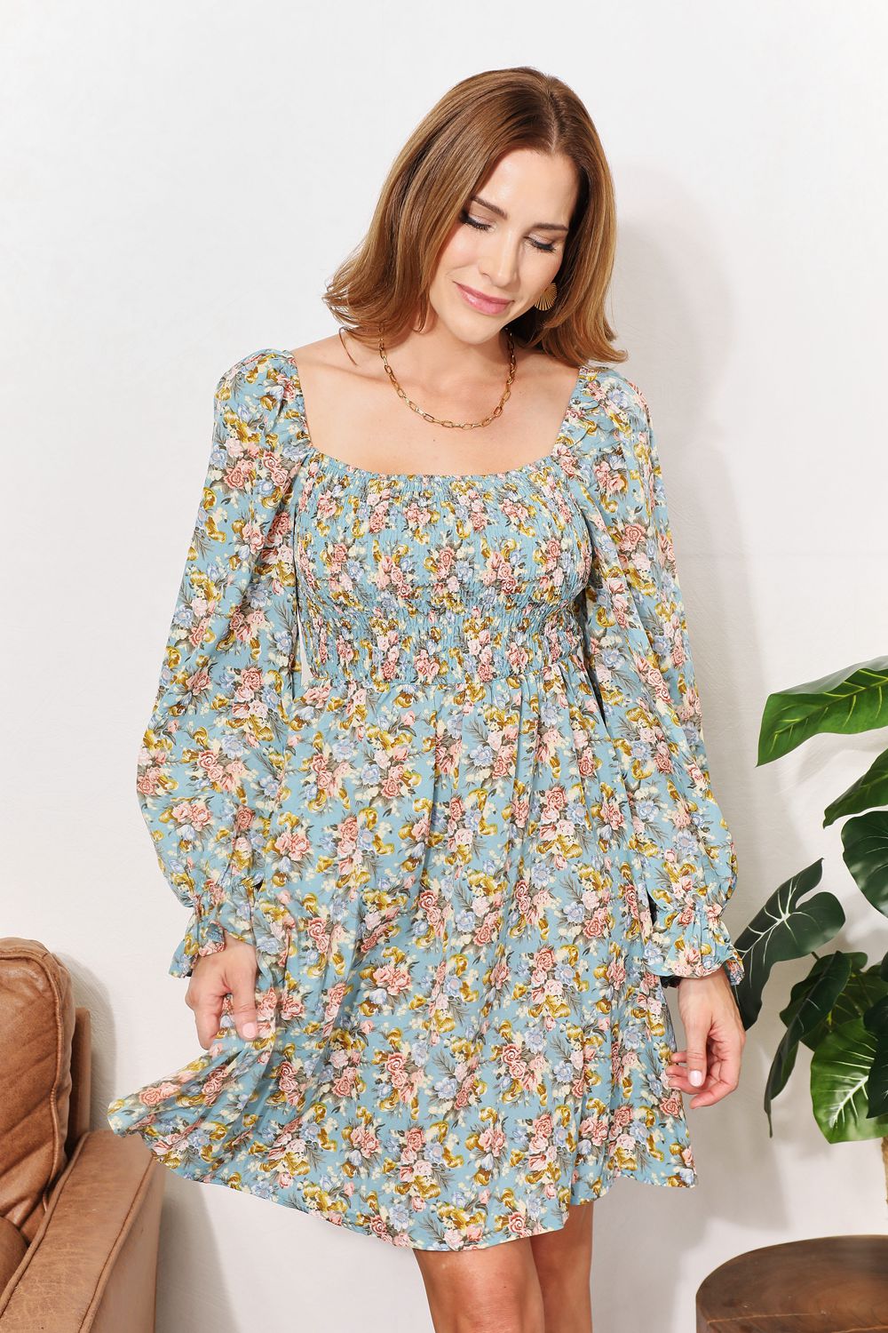 Floral Smocked Flounce Sleeve Square Neck Dress - DRESSES - Floral print