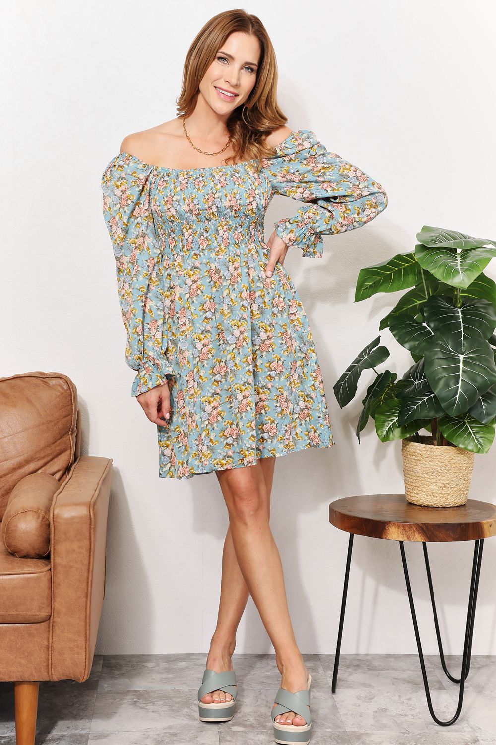 Floral Smocked Flounce Sleeve Square Neck Dress - DRESSES - Floral print