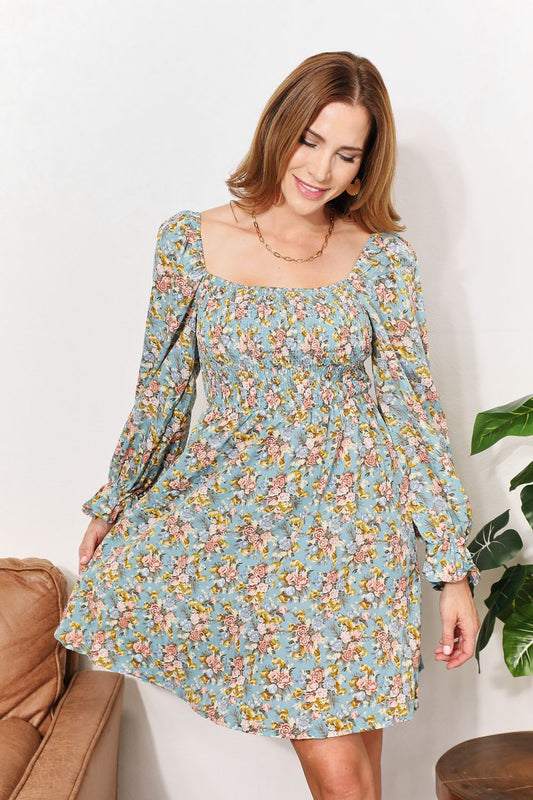 Floral Smocked Flounce Sleeve Square Neck Dress - Floral / S - DRESSES - Floral print