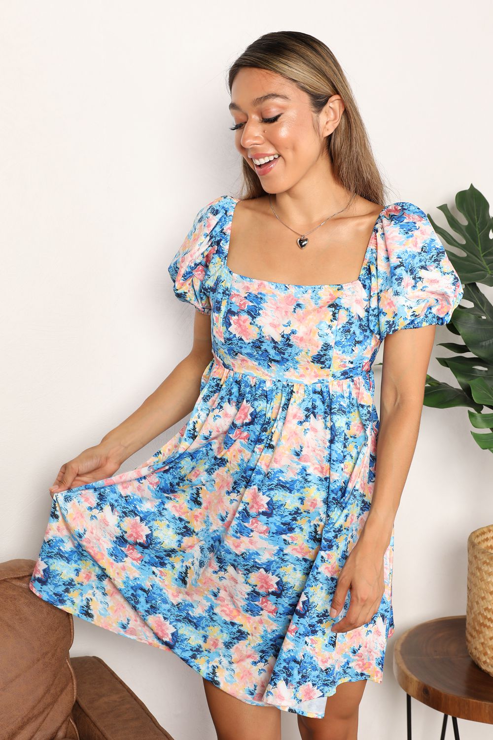 Floral Square Neck Puff Sleeve Dress - DRESSES - Floral print