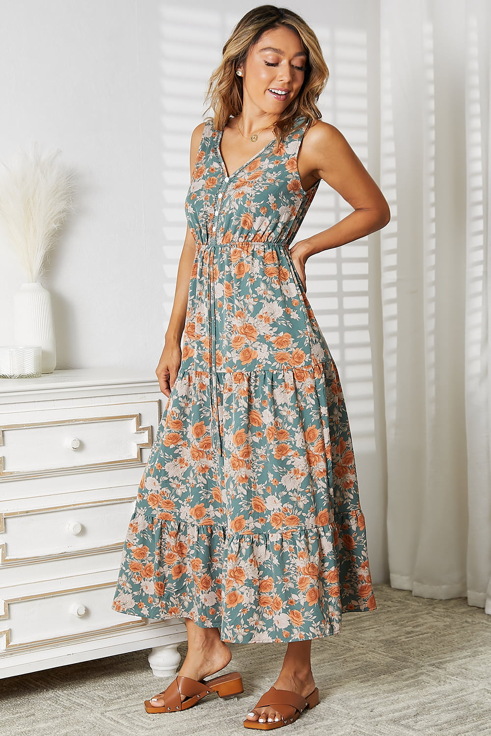 Floral V-Neck Tiered Sleeveless Dress - DRESSES - Floral print