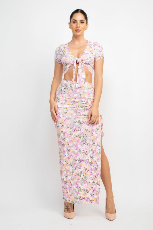 Front Knot Floral Top & Ruched Maxi Skirts Set Smile Sparker