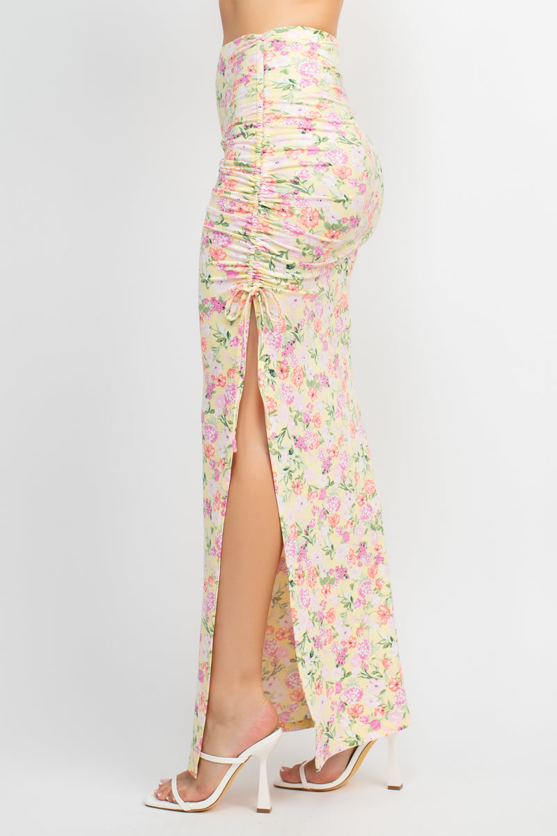 Front Knot Floral Top & Ruched Maxi Skirts Set Smile Sparker