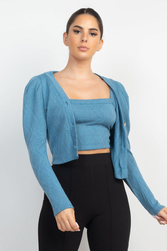 Geometric Cami Puff Sleeves Blazer Top Set Smile Sparker