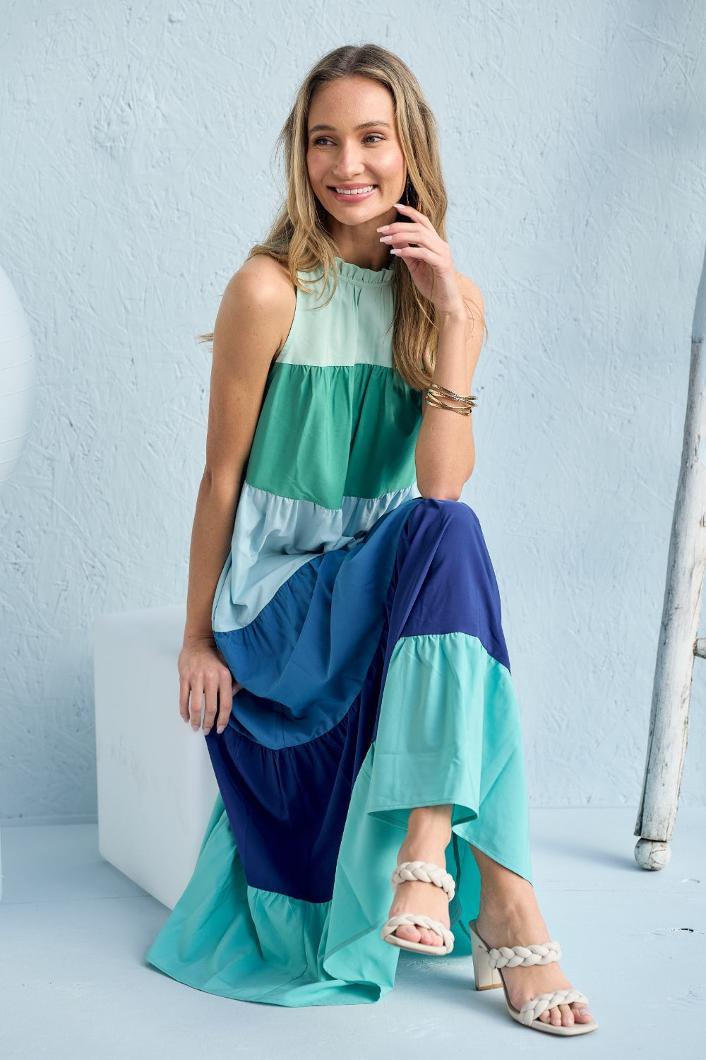 Hailey & Co Color Block Sleeveless Tiered Maxi Dress - DRESSES - Aqua