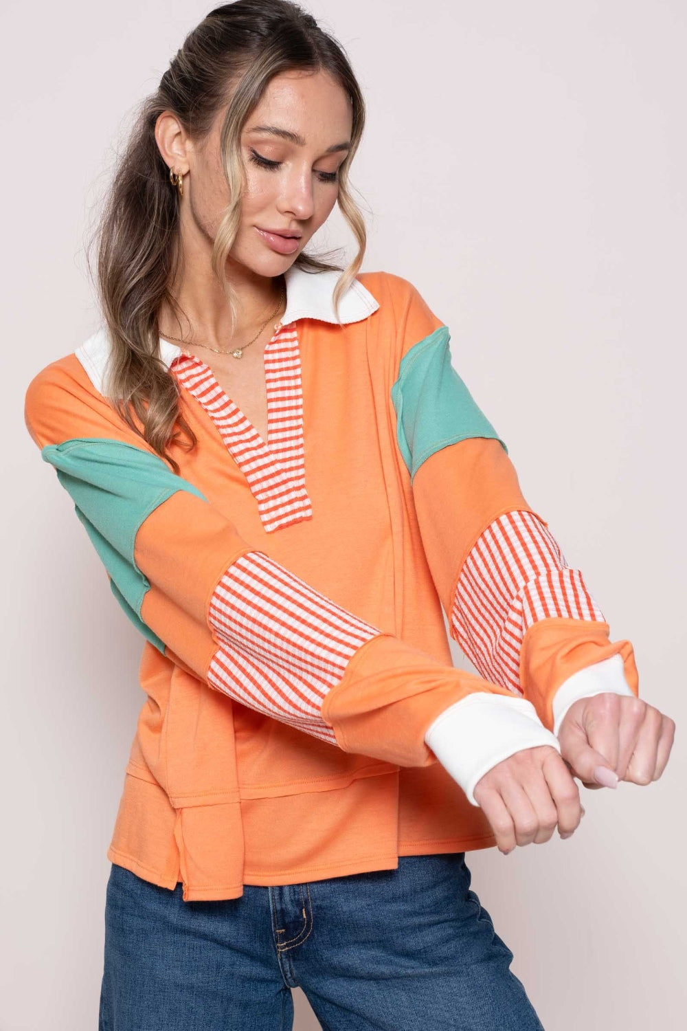 Hailey & Co Color Block Top with Striped Panel - TOPS - Coral