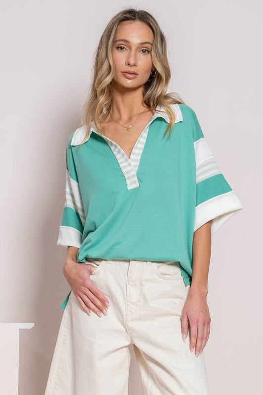 Hailey & Co Contrast Stripe Polo Shirt - Green / S - SHIRTS & BLOUSES - Green