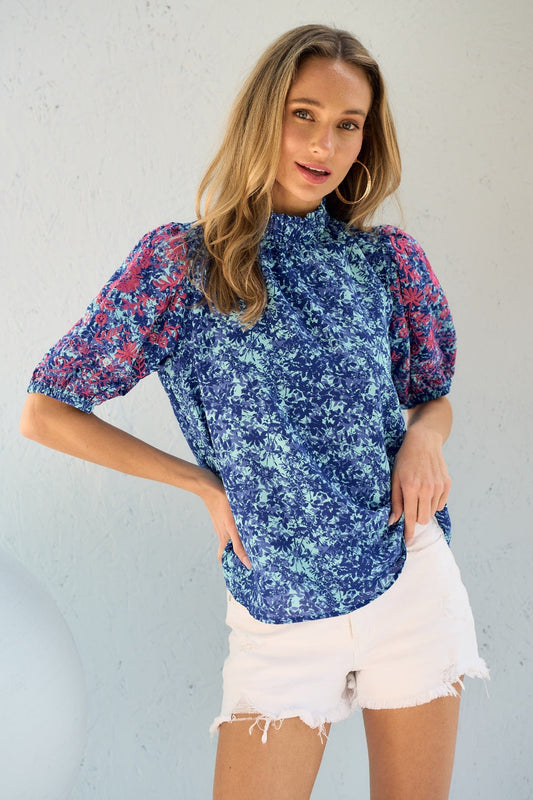 Hailey & Co Embroidered Puff Sleeve Printed Blouse - Blue / S - SHIRTS & BLOUSES - Blue