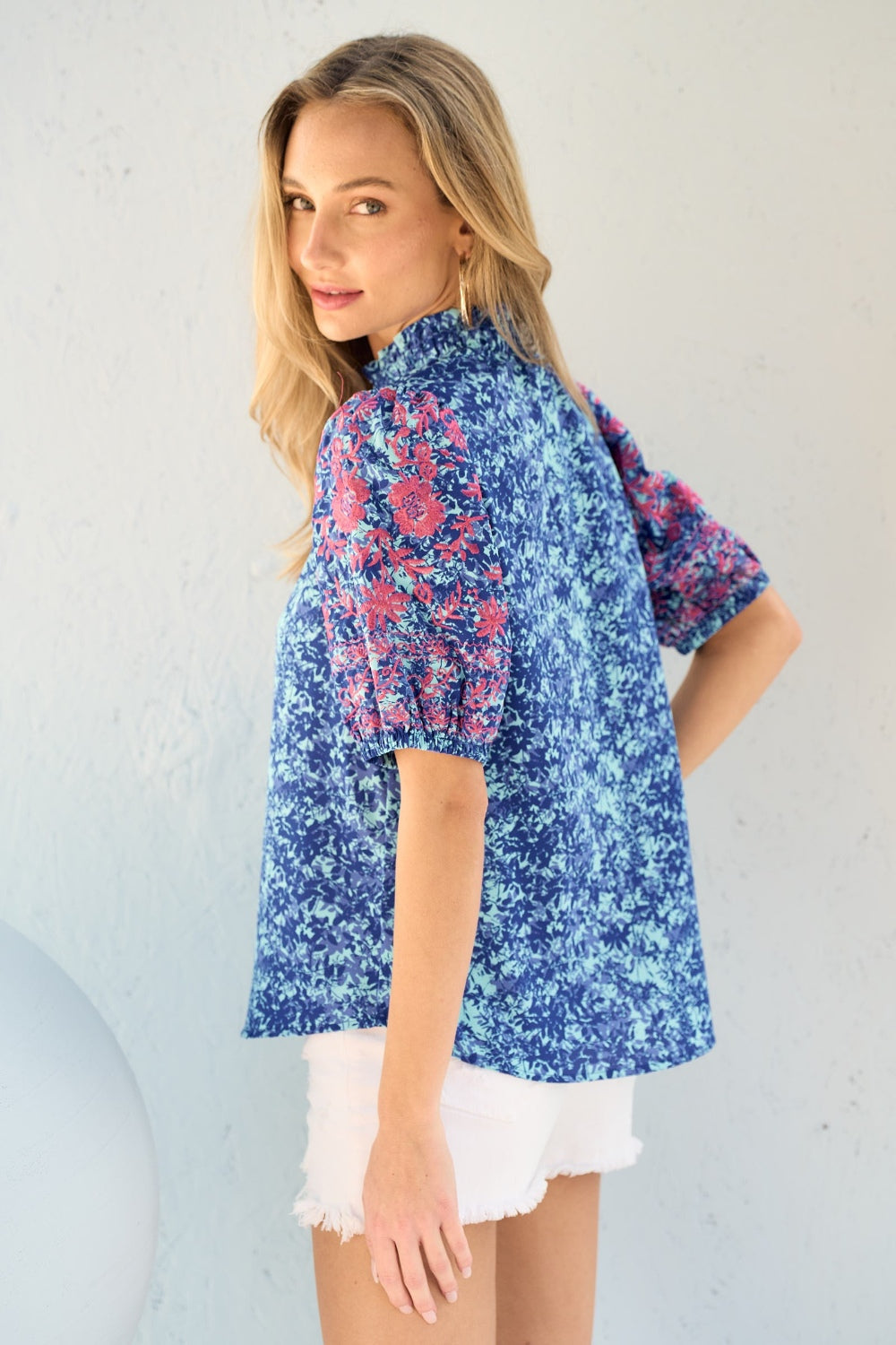 Hailey & Co Embroidered Puff Sleeve Printed Blouse - SHIRTS & BLOUSES - Blue