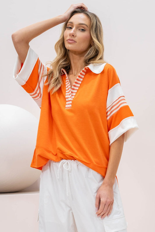 Hailey & Co Full Size Contrast Stripe Polo Shirt - Orange / S - SHIRTS & BLOUSES - Orange