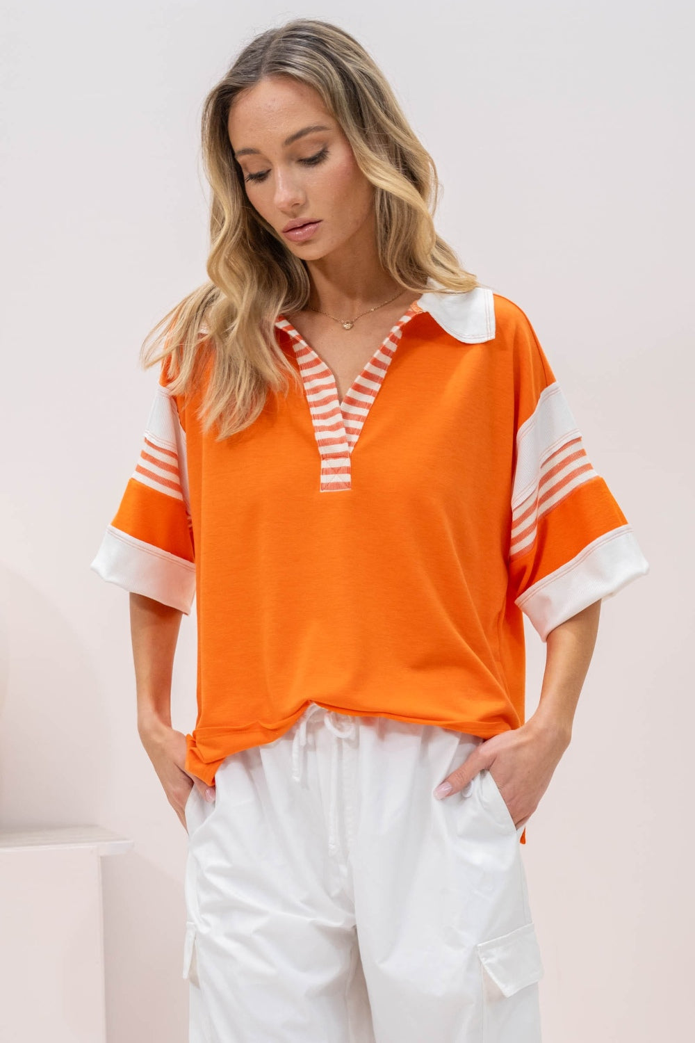 Hailey & Co Full Size Contrast Stripe Polo Shirt - SHIRTS & BLOUSES - Orange