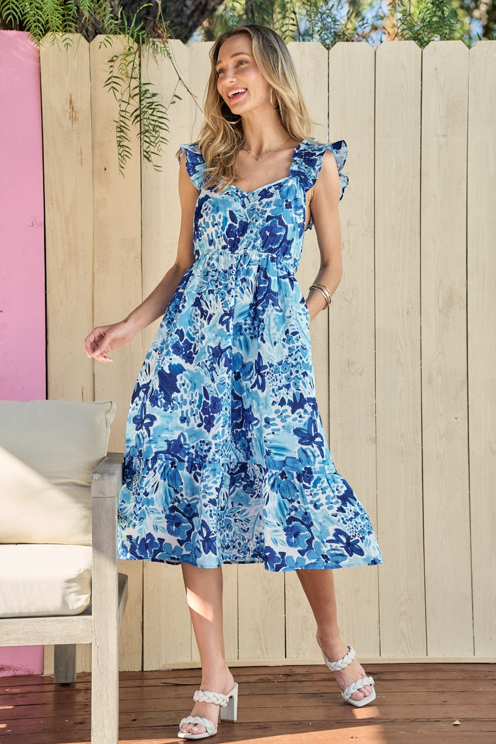 Hailey & Co Full Size Floral Ruffled Sleeveless Midi Dress - DRESSES - Blue