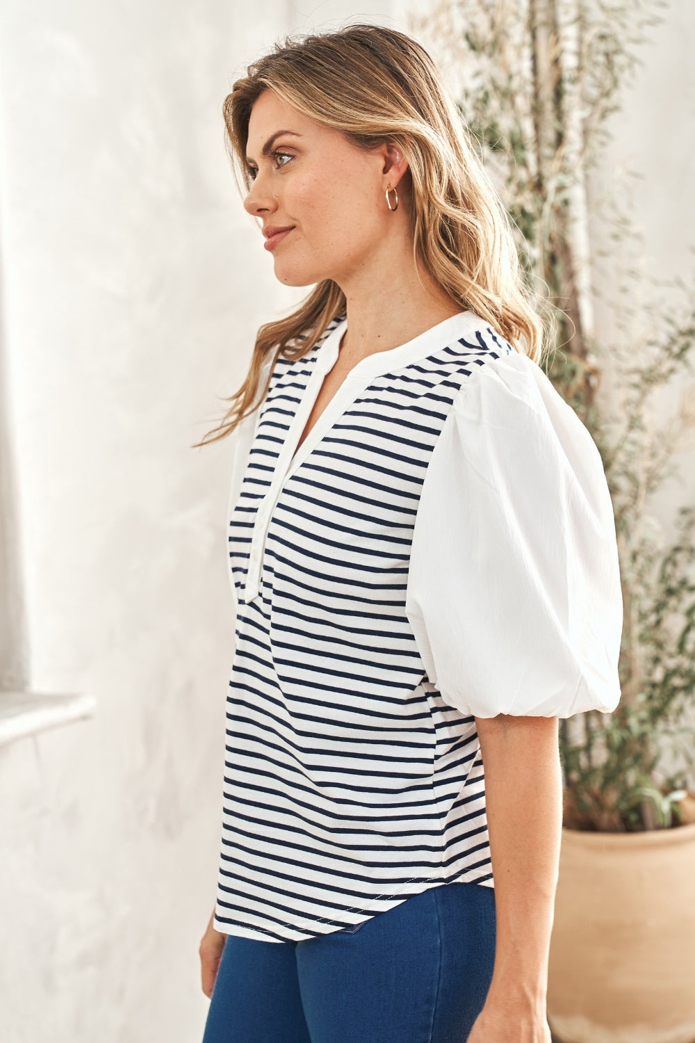 Hailey & Co Striped Contrast Puff Sleeve Top - TOPS - Off White