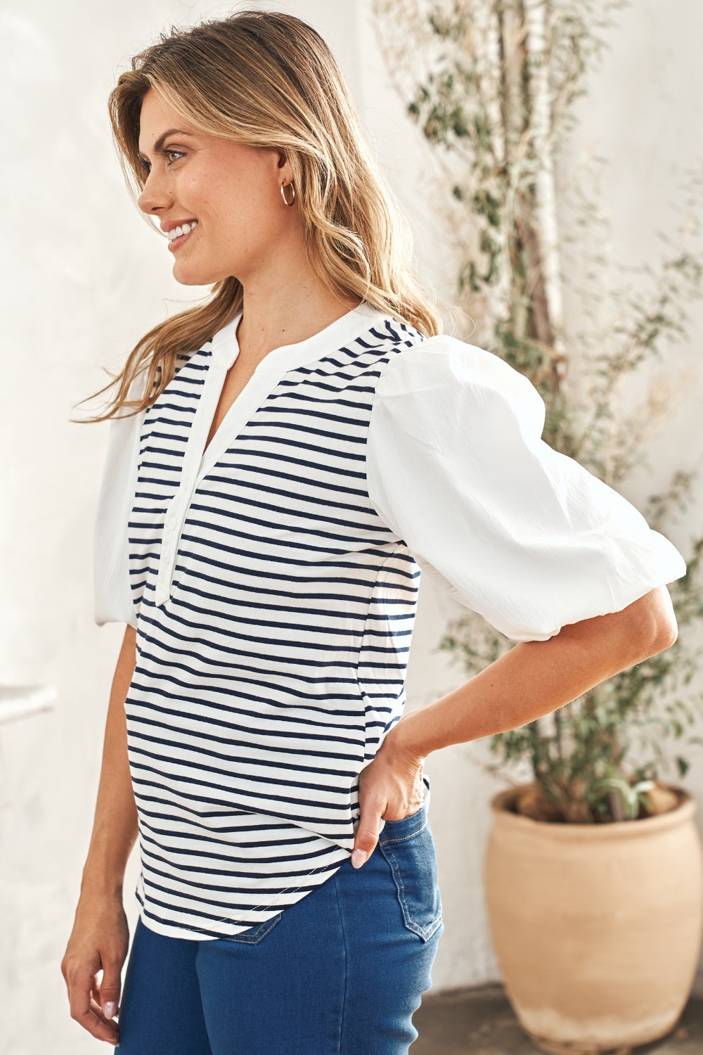 Hailey & Co Striped Contrast Puff Sleeve Top - TOPS - Off White