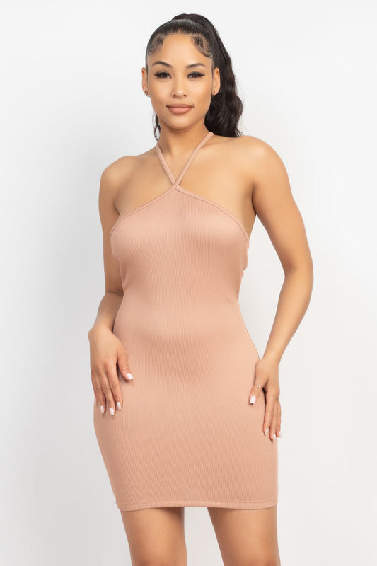 Halter Neck Ribbed Seamless Cut-out Dress Smile Sparker