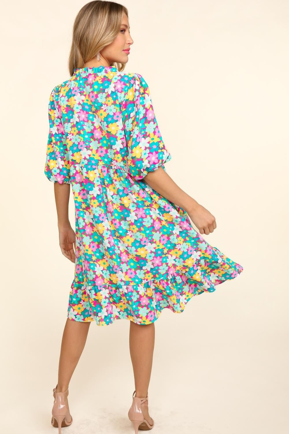 Haptics Bubble Sleeve Floral Ruffled Dress - DRESSES - Floral print