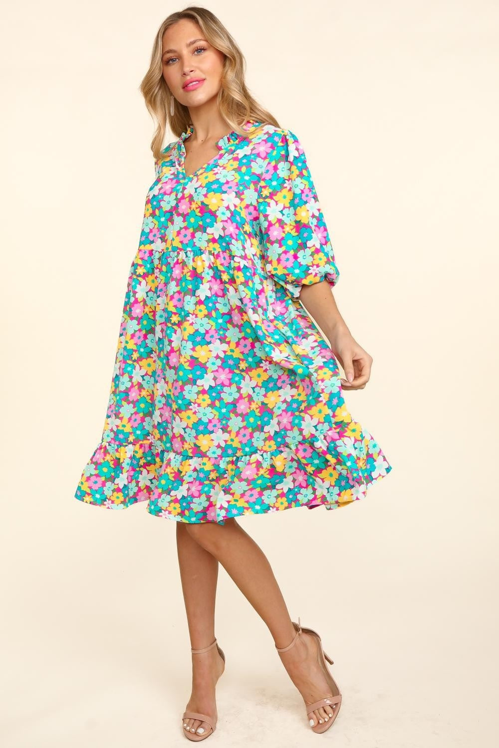 Haptics Bubble Sleeve Floral Ruffled Dress - DRESSES - Floral print