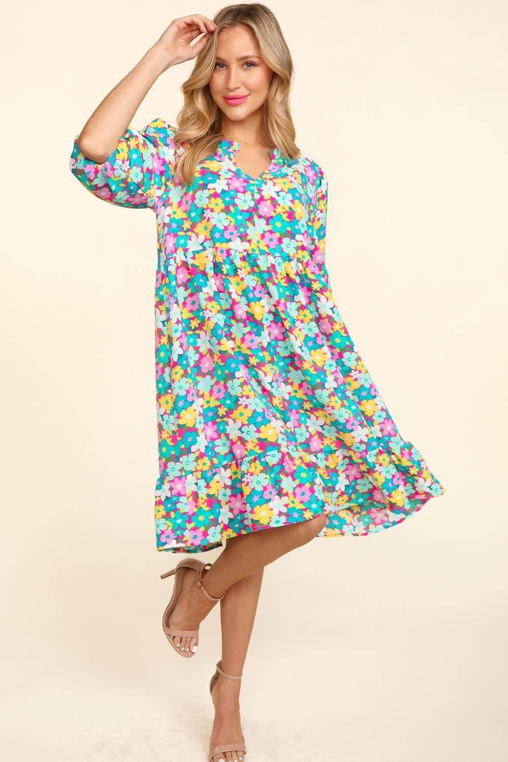 Haptics Bubble Sleeve Floral Ruffled Dress - DRESSES - Floral print