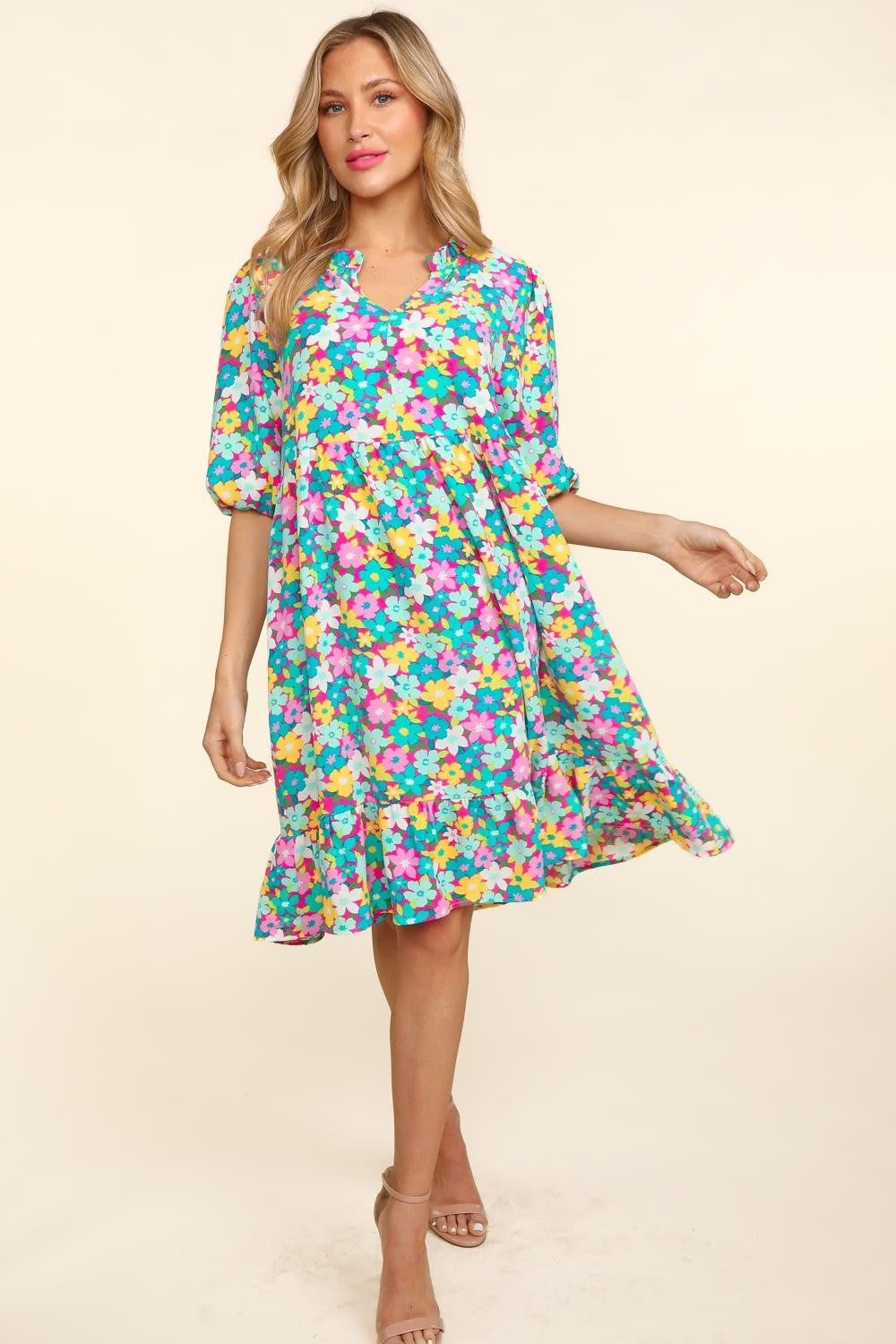 Haptics Bubble Sleeve Floral Ruffled Dress - Mint/Fuchsia / S - DRESSES - Floral print