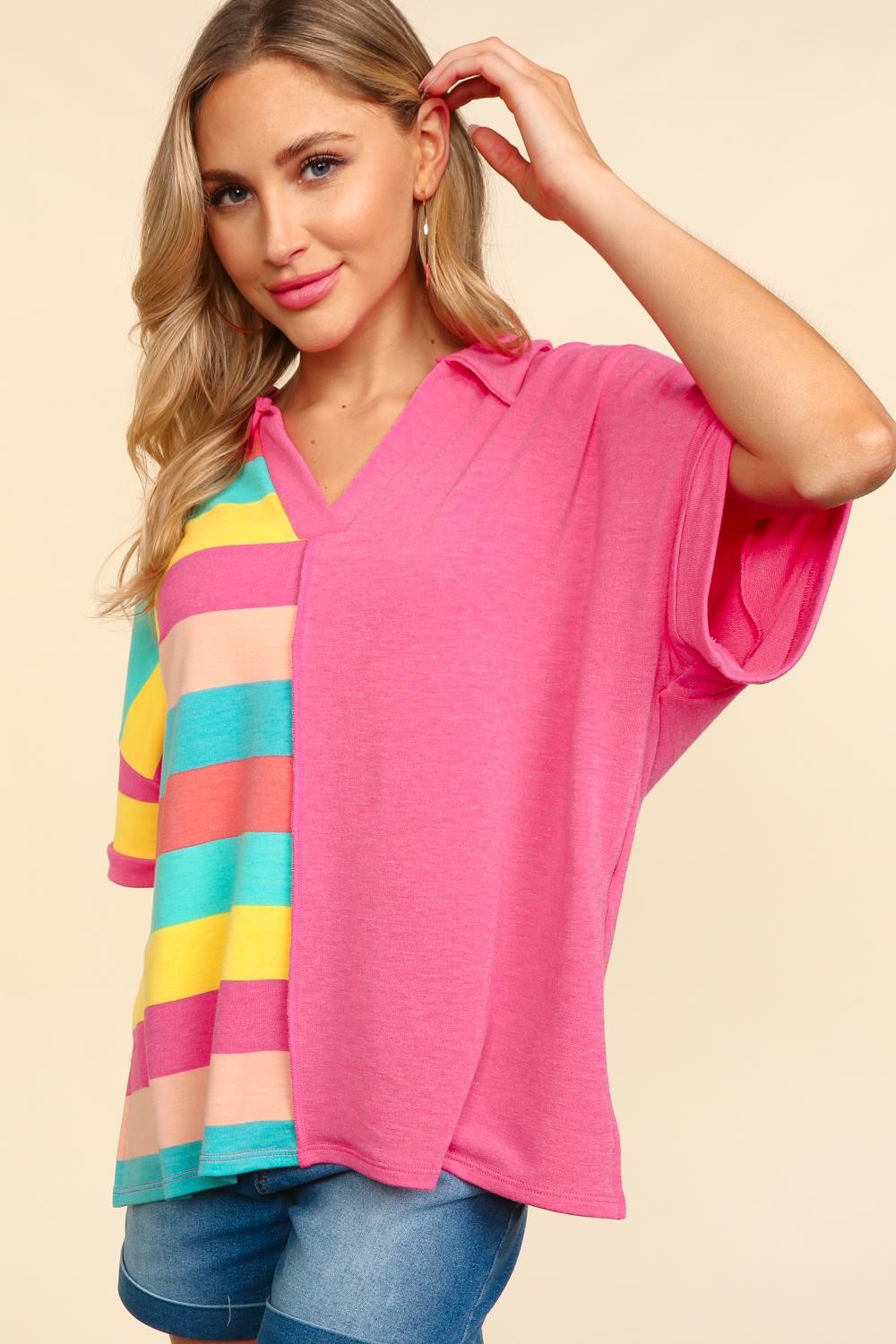 Haptics Exposed Seam Short Sleeve Half Striped T-Shirt - TOPS - Multi