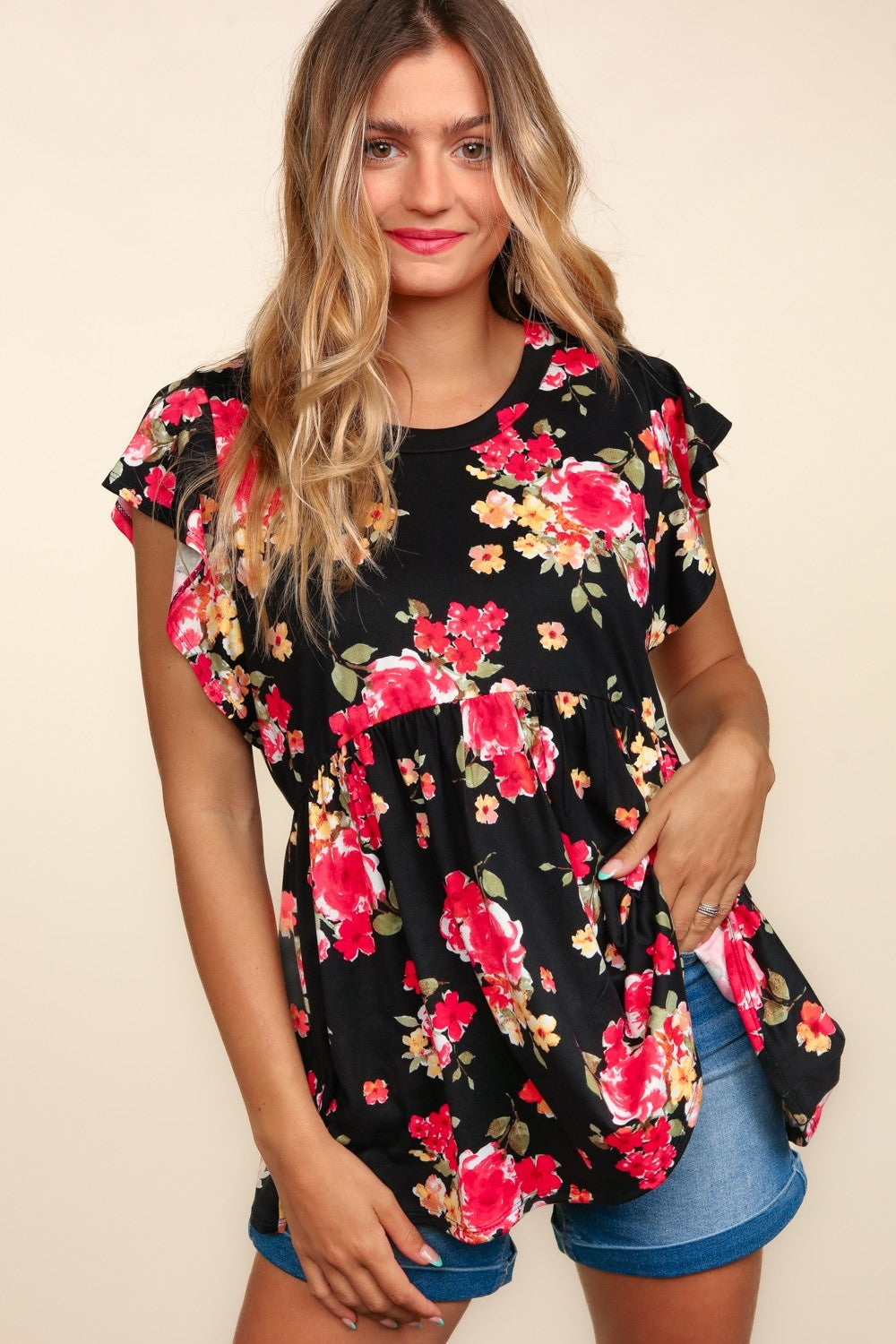 Haptics Floral Ruffle Short Sleeve Babydoll Top - Black / S - TOPS - Black