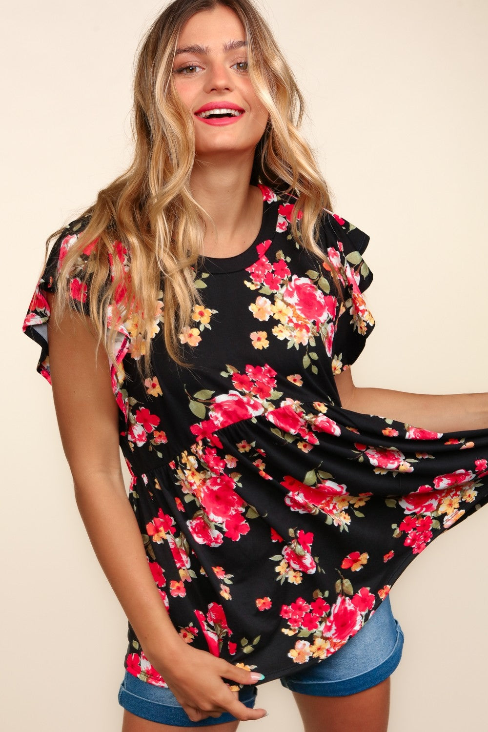 Haptics Floral Ruffle Short Sleeve Babydoll Top - TOPS - Black