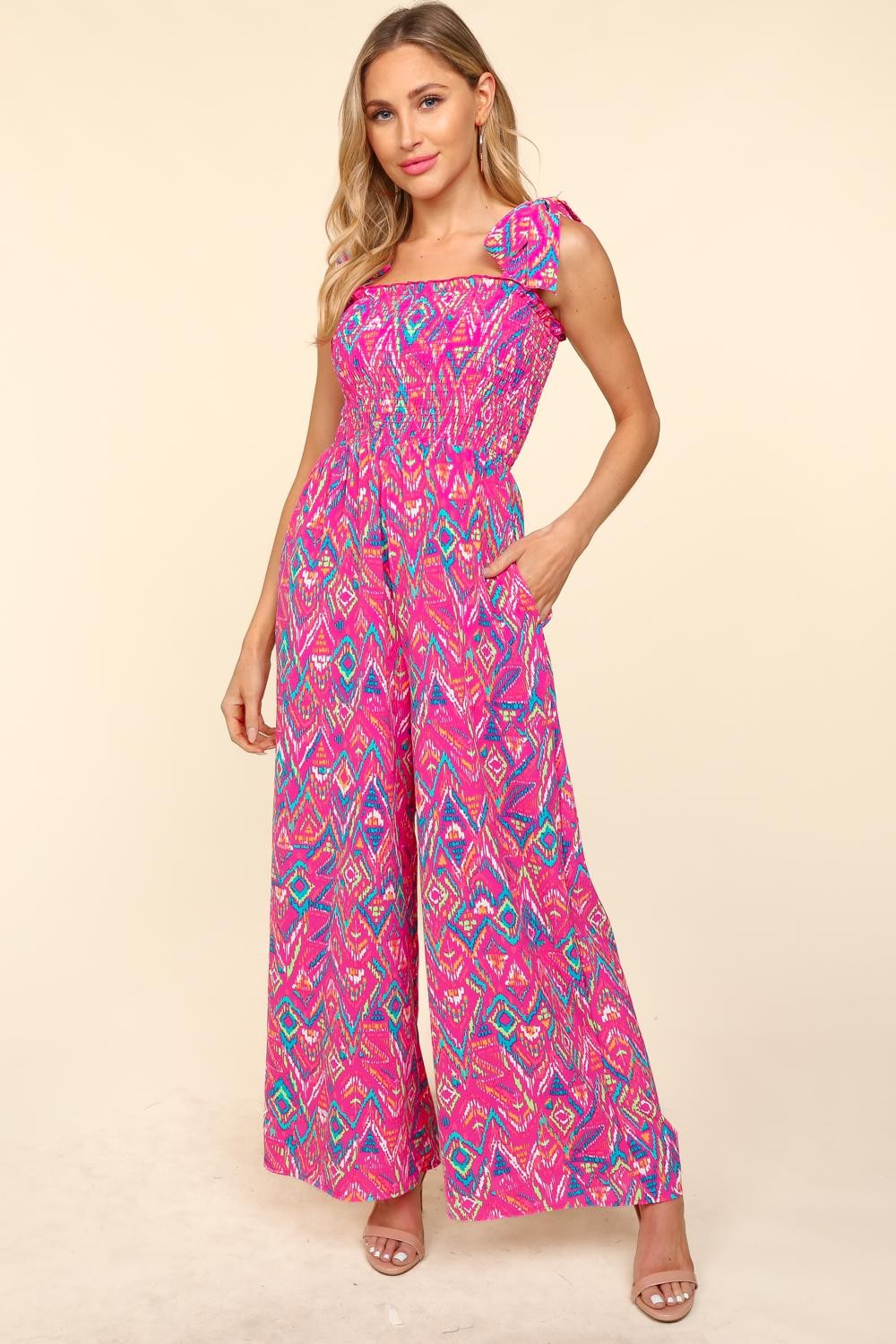 Haptics Printed Smocked Sleeveless Jumpsuit - Fuchsia / S - JUMPSUITS - Fuchsia