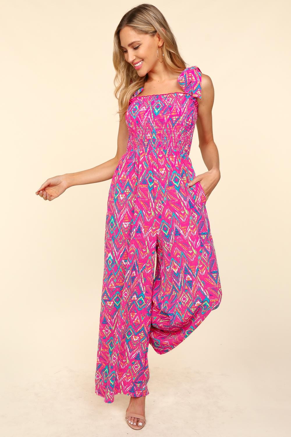 Haptics Printed Smocked Sleeveless Jumpsuit - JUMPSUITS - Fuchsia