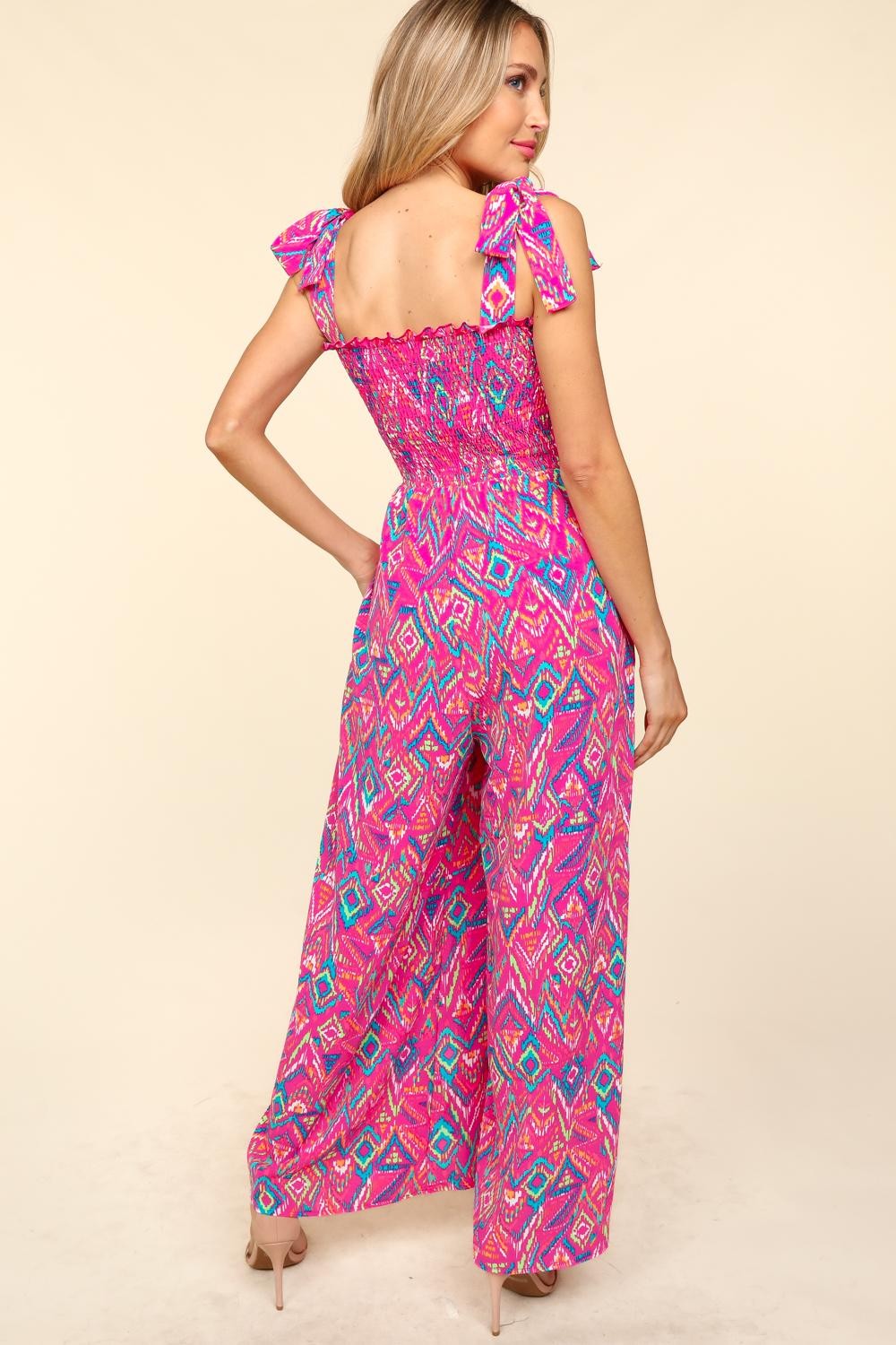 Haptics Printed Smocked Sleeveless Jumpsuit - JUMPSUITS - Fuchsia