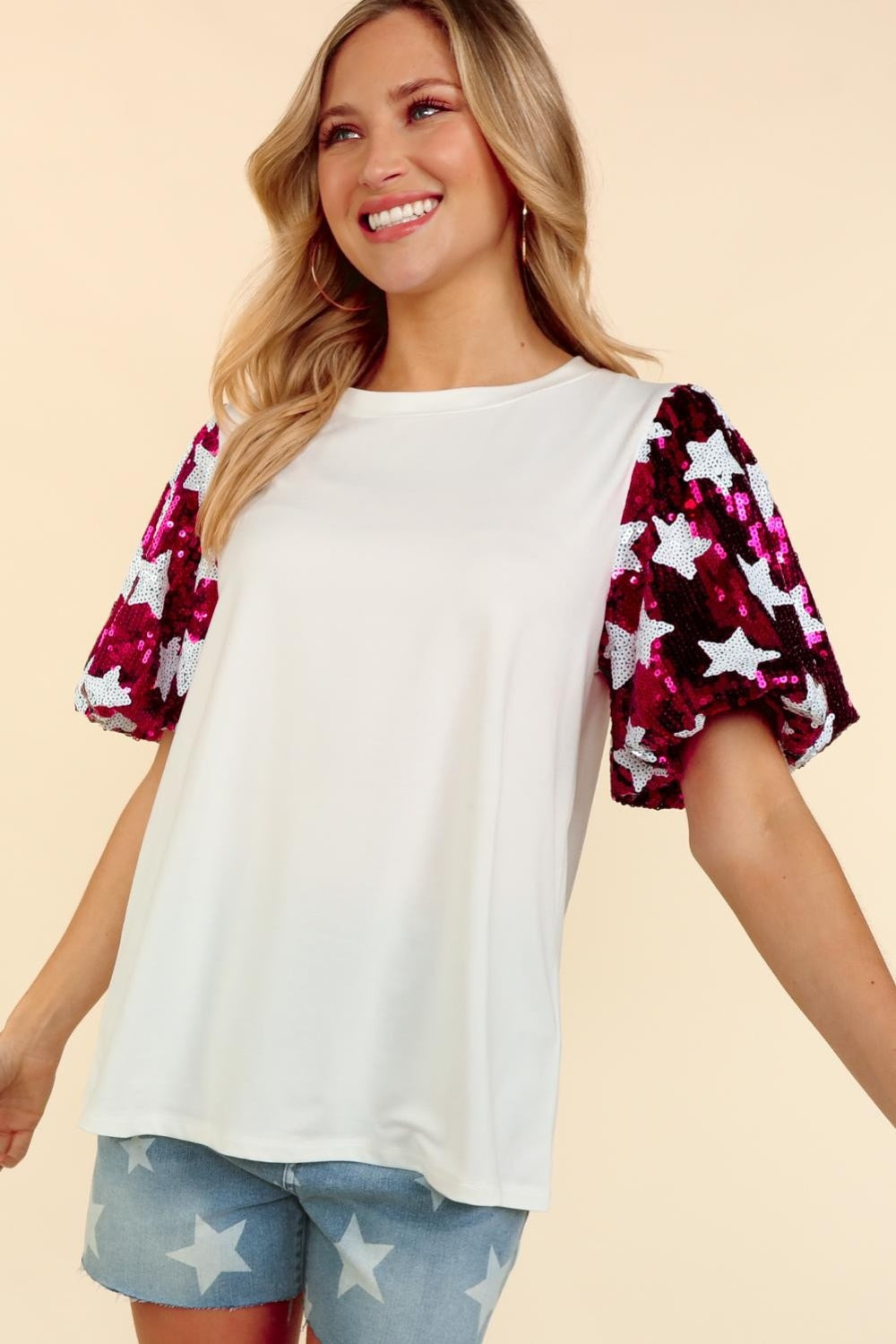 Haptics Star Sequin Bubble Short Sleeve Top - TOPS - White