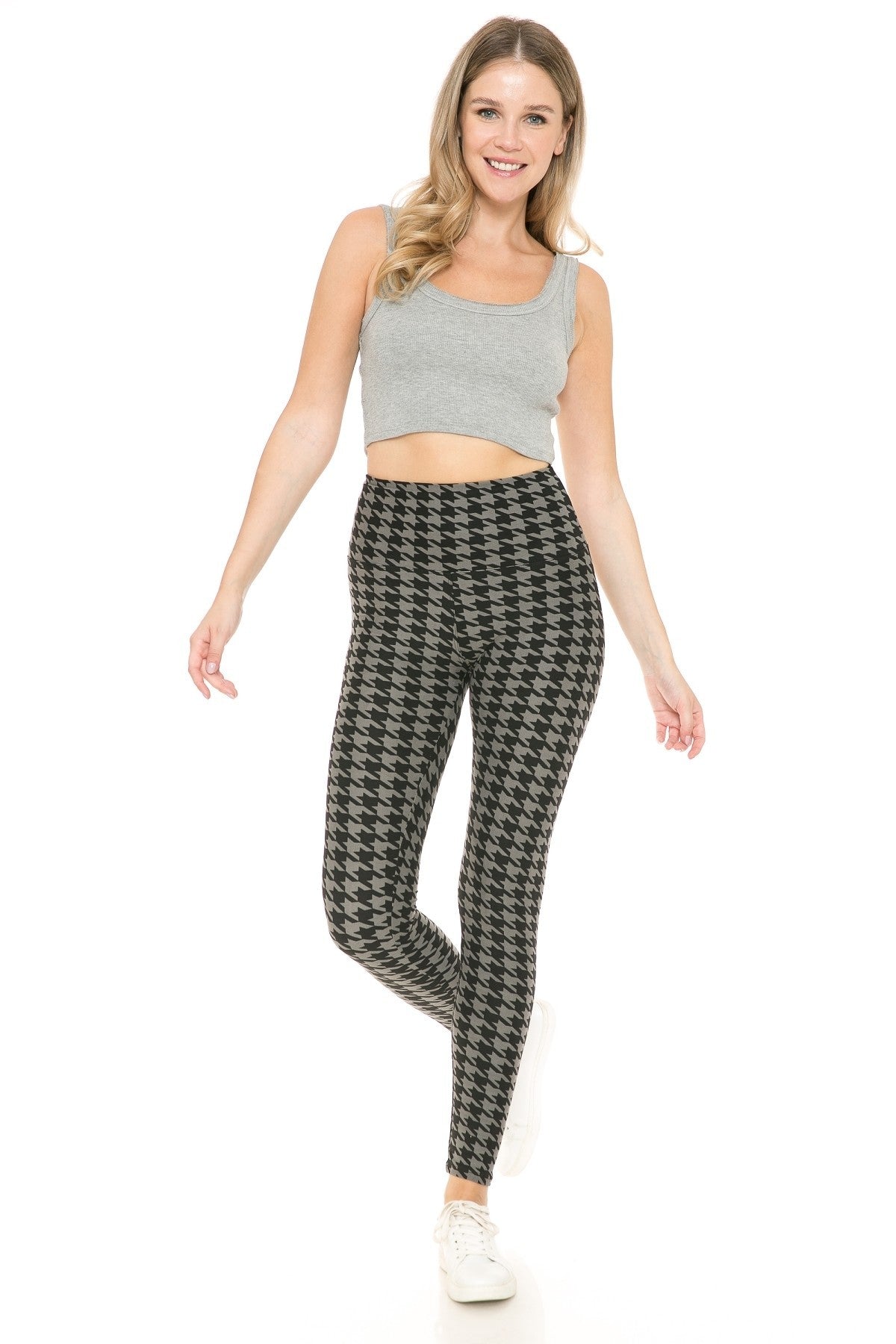 Houndstooth Print High Waist Leggings With 5 Yoga Style Waistband Smile Sparker