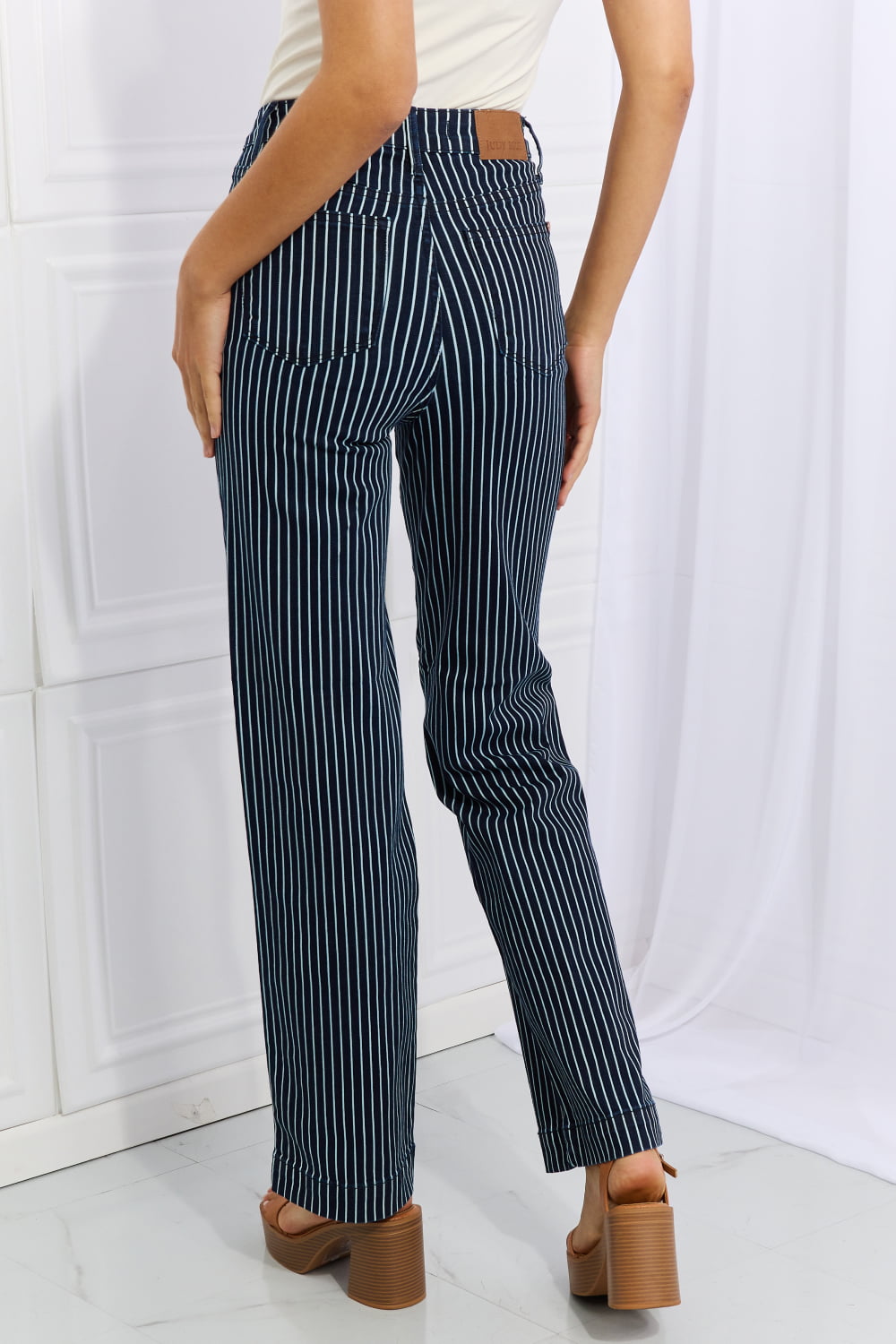 Judy Blue Cassidy Full Size High Waisted Tummy Control Striped Straight Jeans - JEANS - Blue