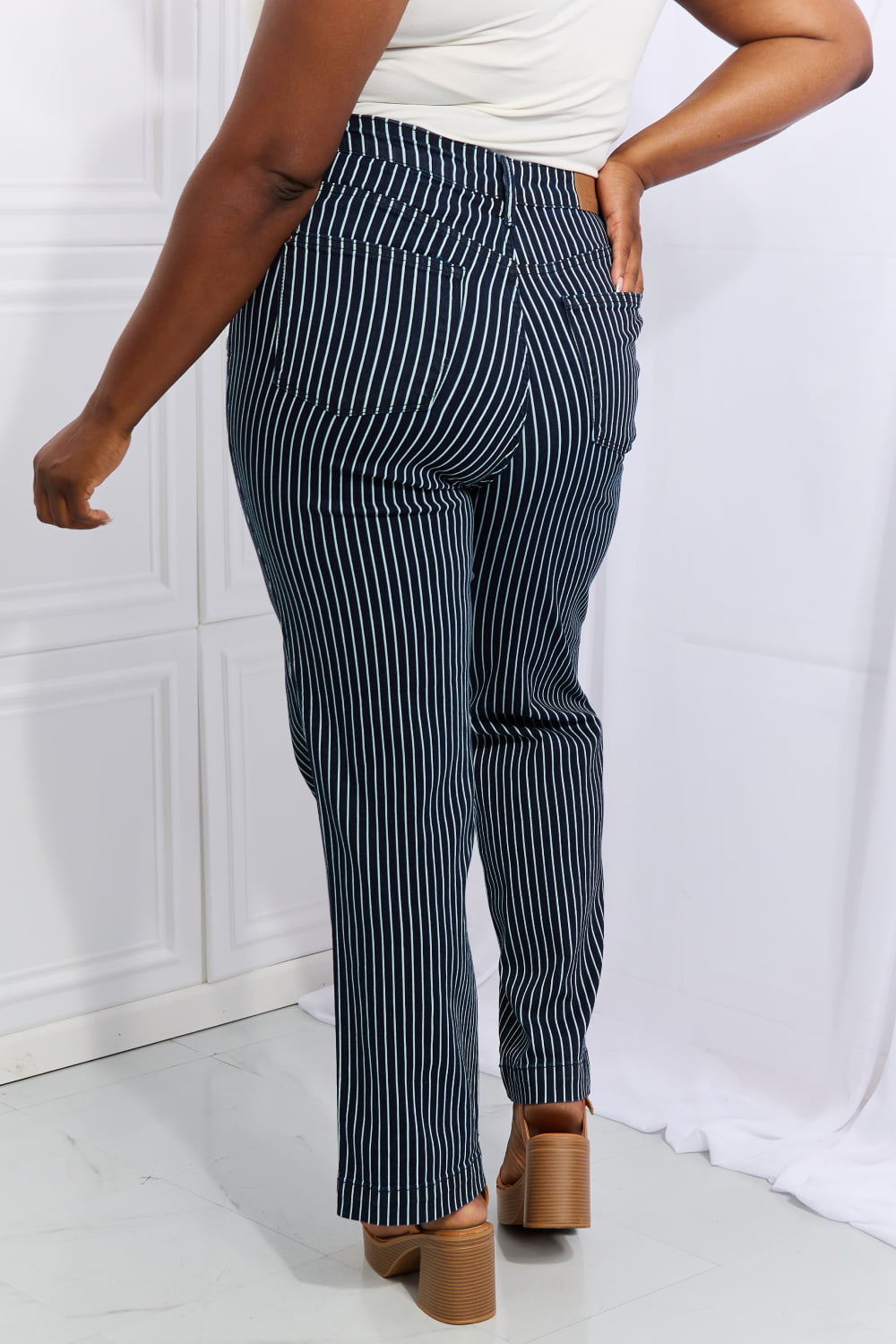 Judy Blue Cassidy Full Size High Waisted Tummy Control Striped Straight Jeans - JEANS - Blue