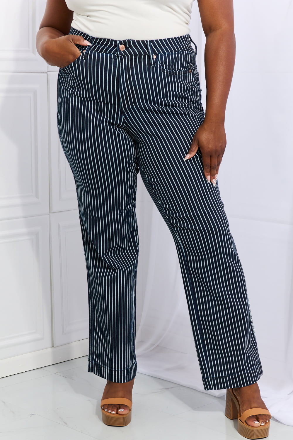 Judy Blue Cassidy Full Size High Waisted Tummy Control Striped Straight Jeans - JEANS - Blue