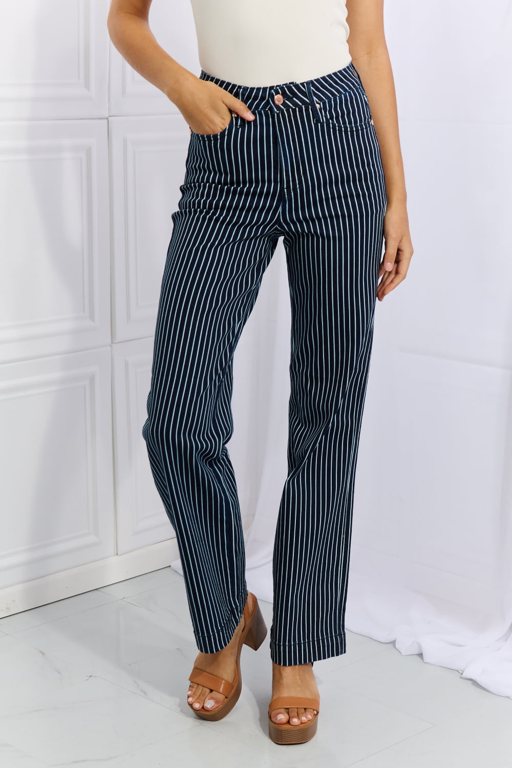 Judy Blue Cassidy Full Size High Waisted Tummy Control Striped Straight Jeans - JEANS - Blue