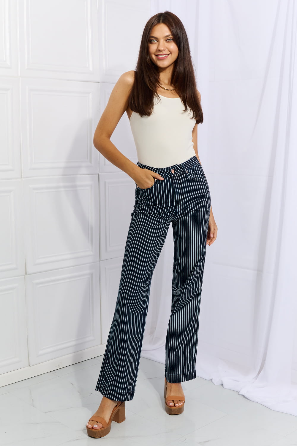 Judy Blue Cassidy Full Size High Waisted Tummy Control Striped Straight Jeans - JEANS - Blue