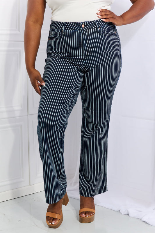 Judy Blue Cassidy Full Size High Waisted Tummy Control Striped Straight Jeans - Deep Teal / 0(24) - JEANS - Blue