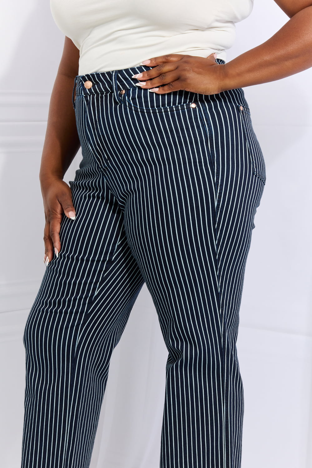 Judy Blue Cassidy Full Size High Waisted Tummy Control Striped Straight Jeans - JEANS - Blue