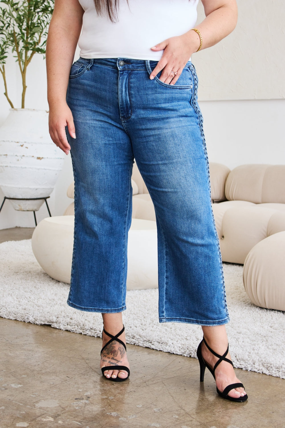 Judy Blue Full Size Braid Side Detail Wide Leg Jeans - JEANS - Medium Denim