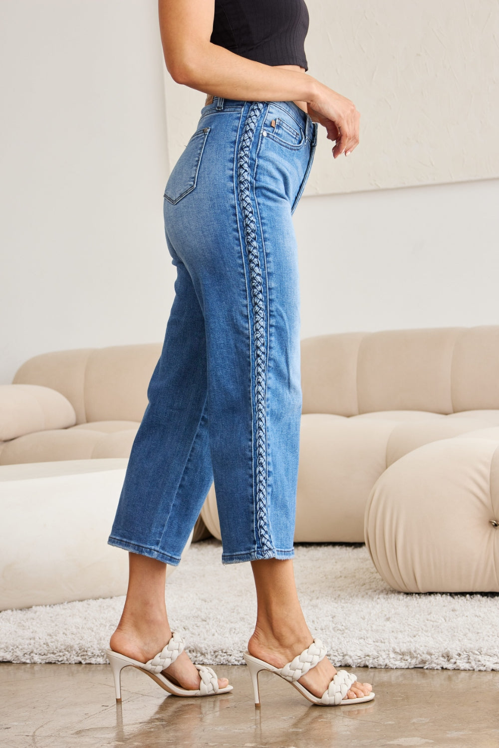 Judy Blue Full Size Braid Side Detail Wide Leg Jeans - JEANS - Medium Denim