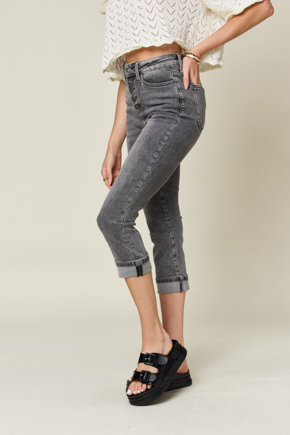 Judy Blue Full Size Button Fly High Waist Cuffed Capris - JEANS - Grey