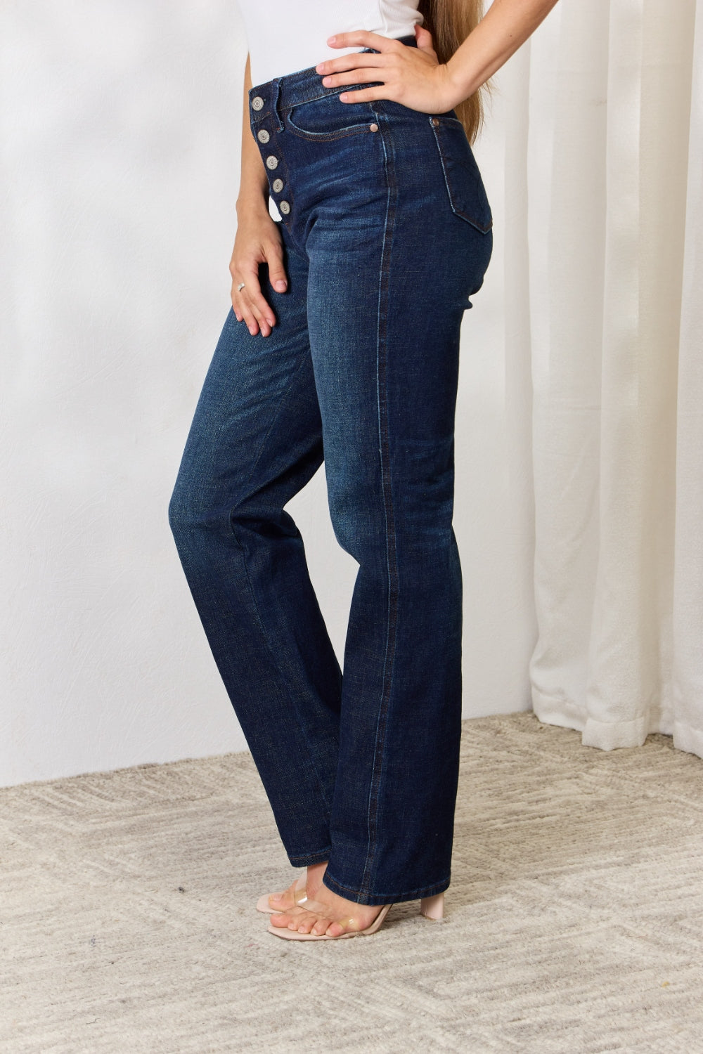 Judy Blue Full Size Button-Fly Straight Jeans - JEANS - Dark Blue