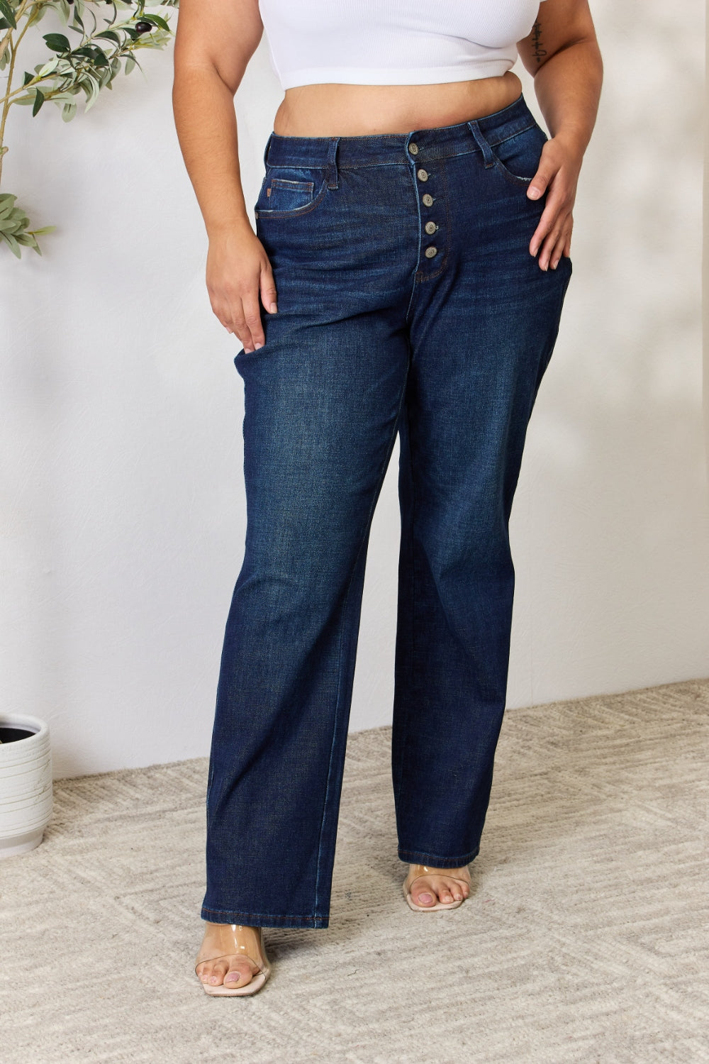 Judy Blue Full Size Button-Fly Straight Jeans - JEANS - Dark Blue