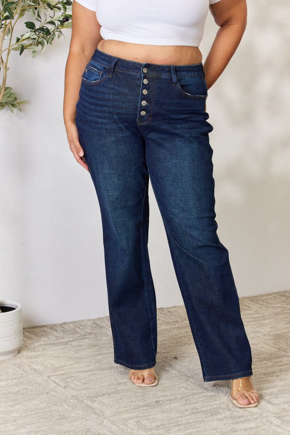 Judy Blue Full Size Button-Fly Straight Jeans - JEANS - Dark Blue