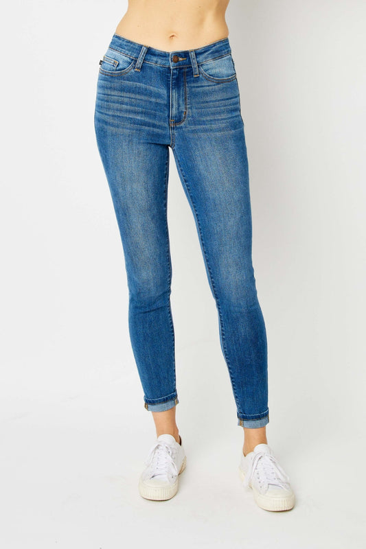 Judy Blue Full Size Cuffed Hem Low Waist Skinny Jeans - Medium / 0(24) - JEANS - Medium Denim