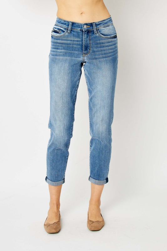 Judy Blue Full Size Cuffed Hem Low Waist Slim Jeans - Medium / 0(24) - JEANS - Medium Denim